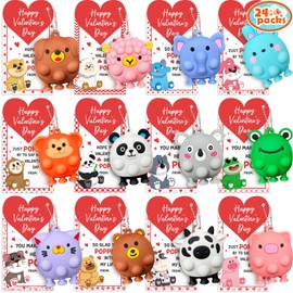 Qinline Valentines Day Gifts for Kids - 24 Pack 3D Animal Suction Toy Fidget Pop Toy with Gift Cards for Kids Boys Girls, Bulk Valentine Party Favors School Classroom Gifts Prizes Exchange Goodie Bags