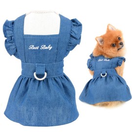 SMALLLEE_LUCKY_STORE Dog Denim Harness Dress, Ruffles Puppy Princess Dress for Small Medium Dog Cat Girls Adjustable Pet Jean Skirt with D-Ring Female Dog Clothes Summer Apparel,Dark Blue,M