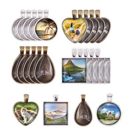 Pendant Trays,24 Pack Blank Bezel Pendants with 24 Pack Cabochons Glass Dome for Crafting DIY Jewelry Making Necklace Photos Round+Square+Heart+Teardrop Shapes