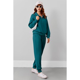 PINSPARK Two Piece Sets for Women 2024 Fall Travel Outfits Lounge Set Long Sleeve Tracksuit Sweatsuit Half Zip Jogger Set Matching Set,Green Jade Small