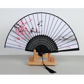 UtySty 2 Pack Mini Folding Hand Fans with Tassel Bamboo Frame Silk Fan Chinese Vintage Pattern Art Craft Gift Home Decoration Ornaments Party Performance Dance Gift Plum Blossom Flower