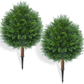 27.5" Artificial Cedar Topiary Tree with Ground Spike, Set of 2 Artificial Cypress Trees Faux Shrubs, UV Resistant Artificial Outdoor Shrubs Plants for Porch Garden Front Porch Decor