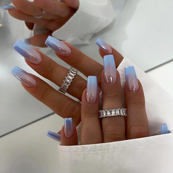 MISUD Press on Nails Long Square Fake Nails Glossy Glue