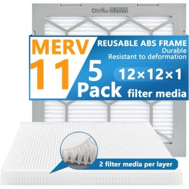 OlitAir Air Filter -  Furnace/HVAC, 12 x 12 x 1, MERV 11 - 5-Pack W/Reusable ABS Frame