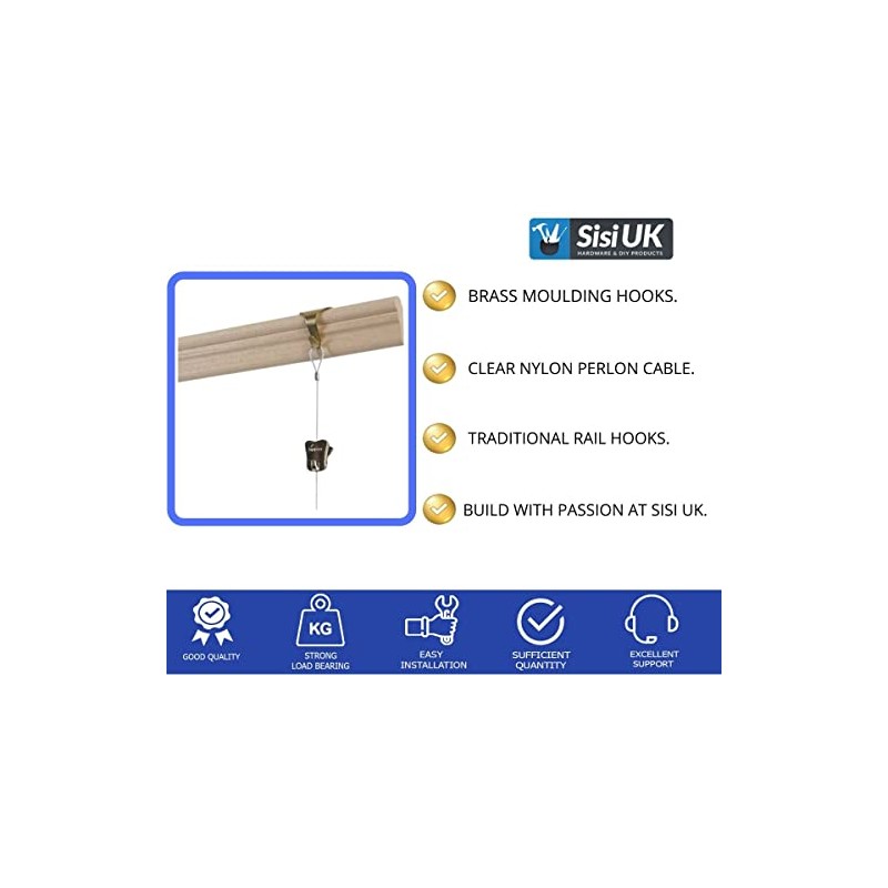 Picture Hanging Brass Moulding Hooks with Perlon Clear Cable Cord