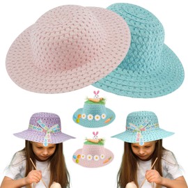 2x Kids Cowboy Hats - Blue and Pink - Hoppy Easter Straw Cowgirl Hats for School Parade Bonnet Decorations - Perfect Easter Gifts for Kids Ages 5-10 Years, Size-52cm