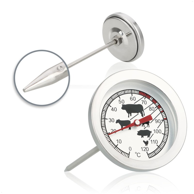 com-four® 3 x Stainless Steel Roasting Thermometers, Analogue Meat Thermometer