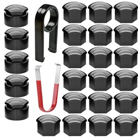 Universal Car Wheel Nut, Bolt Cover, Plastic, 17 mm with Removal Tool, Black, Pack of 20 with 1 Hook Tool, Grey