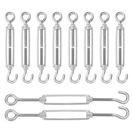 sourcing map M6 Hook and Eye Turnbuckles for Cable Wire Rope Tension, 304 Stainless Steel Turnbuckle Adjustable for Shade Sail String Light Hanging Pack of 10