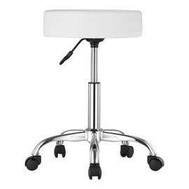 Happybuy Rolling Stool with Wheels, 450 LBS Capacity Round Stool Chair, Height Adjustable Thickened PU Leather Swivel Stool for Salon and More, White