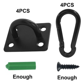 LifCratms 4 PCS Black Square Stainless Steel Ceiling Hooks Heavy Duty Pad Eye Plates + 4 Snap Hooks, with Plastic Expansion Tubes and Screws - Indoor/Outdoor