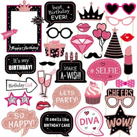 Nenluny 30pcs Hot Pink Girls Birthday Photo Booth Props Bday Party Props for Women Girls Birthday Party Decoration Supplies