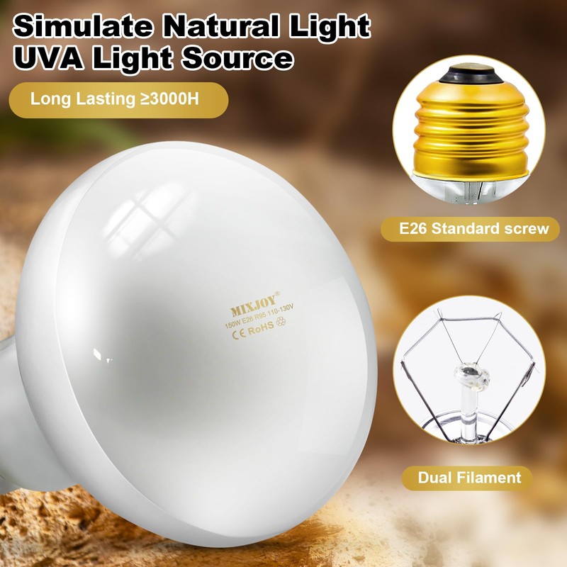 MIXJOY 150W Reptile Heat Lamp Bulbs, 2Pack Heat Lamp Bulbs