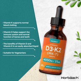 Vitamin D3 K2 Drops | 60mL | High Strength Vitamin D3 4000iu and K2 25ug | No Artificial Preservatives | Suitable for Vegetarians | by Horbaach