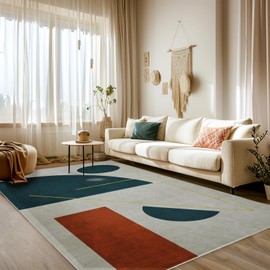 Geometric Area Rug 4x6 Green Abstract Modern Carpet Washable Door Mat Low Pile Indoor Outdoor Floor Rugs Boho Soft Non Slip Rug for Living Room Bedroom Beside Dinning Office Home Decor 4'x6'