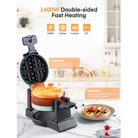 Waffle Maker, 1400W Double Belgian Waffle Iron 180° Flip, 8 Slices in 3 Mins, Rotating & Nonstick Plates, Anti-Scald, Removable Drip Tray Easy to Clean, Cool Touch Handle, Space-Saving (Mint Blue)