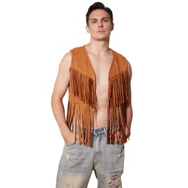 WDIRARA Men's Open Front Sleeveless Fringe Hem Party Club Jacket Vest Outerwear Brown Solid M