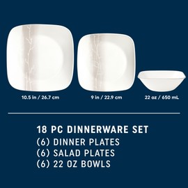Corelle Vitrelle 18 Piece Glass Dinnerware Sets Rectangular Square Plate and Bowl Set Service for 6, Triple Layer Chip & Crack Resistant Glass Plate and Bowl Sets, Wandering Grove