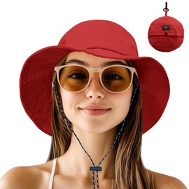 NPJY Packable Quick Dry Sun Bucket Hats for Women Lightweight Outdoor Waterproof Rain Hat with Detachable Chin Strap Small-Medium （Size: 22-22 3/4） Red