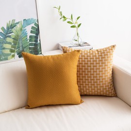Home Brilliant Mustard Cushion Covers 45 x 45 Set of 2 Dots and Checkers Yellow Cushions Linen Pillow Covers for Sofa Bed Couch, 18in (45 x 45cm), White Mustard