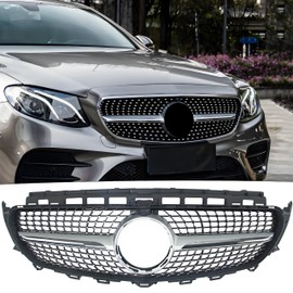 STSEV01 Front Bumper Grill Upper Grille Compatible with Mercedes W213 E-Class Sedan E300/ E350/ E400/ E450 2017-2020, Silver Chrome Diamond Style Replacement Grid Accessories