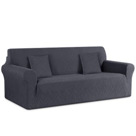 Ruaozz Stretch Sofa Cover 1 Piece Couch Covers for 3 Cushion Couch Non Slip Sofa Slipcover Washable Soft Jacquard Furniture Protector with 2 pcs Throw Pillow Covers (3 Seater, Dark Gray)