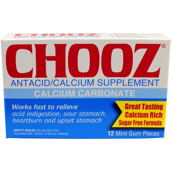 Chooz Calcium Carbonate Antacid Sugar Free Mint Gum, 12 Pieces
