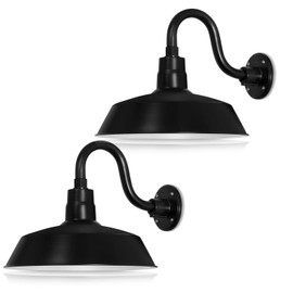 14in. Satin Black Outdoor Gooseneck Barn Light Fixture with 10in. Long Extension Arm - Wall Sconce Farmhouse, Antique Style - UL Listed - 9W 900lm A19 LED Bulb (5000K Cool White) - 2-Pack