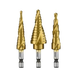 NEIKO 10181A Juego de brocas escalonadas, 3 piezas, ranuradas en espiral para una perforación más rápida, brocas escalonadas para acero inoxidable, metal, madera, plástico, brocas de cono Unibit con