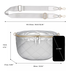 Molshine Quilted Bumbags for Women PU Leather Crossbody Sling Bag,Ladies Chest Bag,Waist Packs,Fanny Pack with Adjustable and Removable Wide Shoulder Strap (Silver)