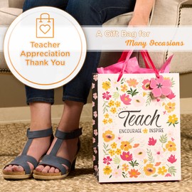 Christian Art Gifts Large Portrait Inspirational Scripture Gift Bag, Tag & Wrapping Tissue Paper Set for Teachers & Women: Teach, Encourage, Inspire Bible Verse, White, Pink, Orange Multicolor Floral