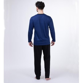 Moonline - Men's Long Pyjamas 100% Cotton with V-Neck and Striped Design, blue