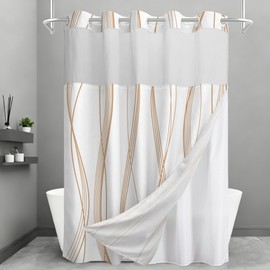 TWLSNCD Extra Long No Hook Shower Curtain and Liner Set, Beige Striped Shower Curtains with Snap in Fabric Liner, Hotel Ringless Waterproof Washable with See Through Top Window, 71" x 84"