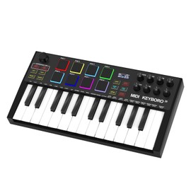 MIDI Keyboard Controllers，25-Key USB MIDI Keyboard with Backlit Drum Pads, Knobs, Computer Recording MIDI Controllers- Beat Maker Machine, MIDI Keyboard (Gray+white) (Black+White)