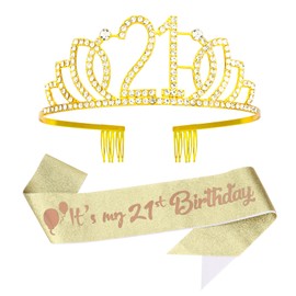 CURASA Birthday Sash and Crown for Women 21st Birthday Sash Gold Birthday Crown Adult Women Rhinestone Birthday Tiara Gold Its My 21st Birthday Sash Birthday Decoration for Party Gifts