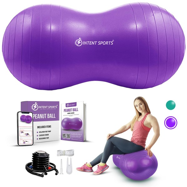 INTENT SPORTS Peanut Ball – Anti Burst Ball for Exercise, Labor, Birthing, Dog Training, Kids, Home & Gym Fitness, Physio Roll, Yoga Balance, Flexible Seating for Classroom & Office - Pump Included
