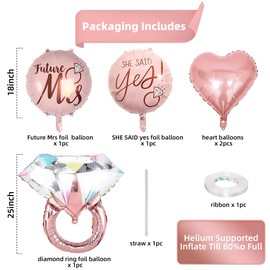 Engagement Diamond Ring Balloons Set - 25 Inch Rose Gold, 18 Inch 'She Said Yes' Future Mrs Heart Foil Balloons for Bride to Be Wedding Proposal Party Decorations, 5pcs