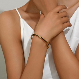 NONAMOIS Gold Bangle Bracelets for Women 18K Gold Plated Stainless Steel Cubic Zirconia Bangle Classic Green Black Tennis Bracelet Jewelry