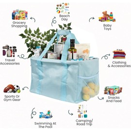 Extra Large Utility Tote Bag - Oversized Collapsible Tote with Wire Frame, Durable Reusable for Beach, Groceries, Laundry, Car Trunk, Storage and Travel - Includes 5x7 Bag with Hook - Light Blue