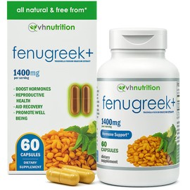 VH Nutrition Fenugreek+ | 1400mg Extra Strength Fenugreek Capsules | Hormonal Balance and Energy Support Supplement for Men & Women | 60 Gluten-Free Capsules