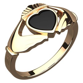 GWG Jewellery 18K Gold Coated Sterling Silver Claddagh Ring Unusual Black Enamel Heart – 5 in Gift Box for Women