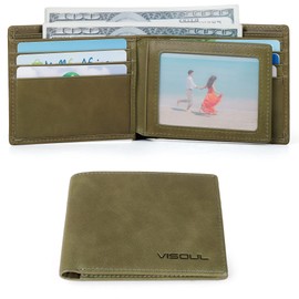 VISOUL Mens Bifold Leather RFID Blocking Wallet with 2 ID Windows, Soft Genuine Leather Card Holder Wallet with 2 Cash Compartments for Men (Green)