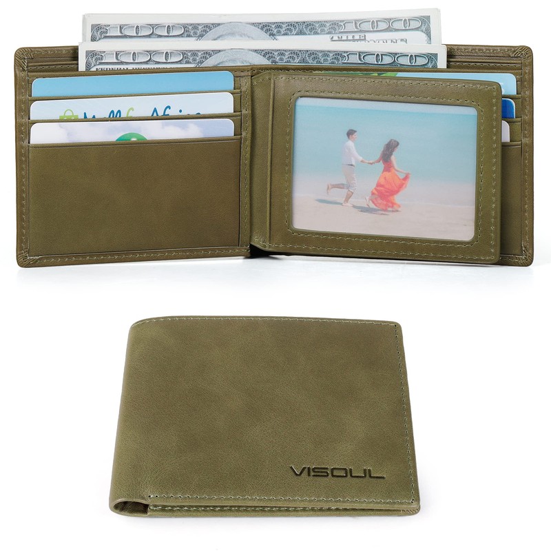 VISOUL Mens Bifold Leather RFID Blocking Wallet with 2 ID