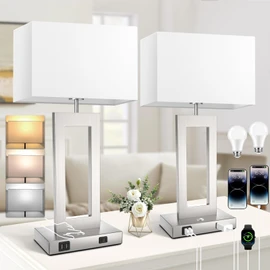 22’’ Touch Control Table Lamps Set of 2, 3 Color Temperatures Bedroom Bedside Lamps, Modern Silver Dimmable Lamps with USB Ports & AC Outlet, Tall Living Room Lamps for Nightstand End Table, 2 Bulbs