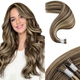 Moresoo Itip Human Hair Extensions Human Hair Dark Brown with Caramel Blonde Itip Real Remy Hair Extensions Ash Brown I Tips Human Hair Extensions Strawberry Blonde Hair Extensions 24Inch 40G/50S