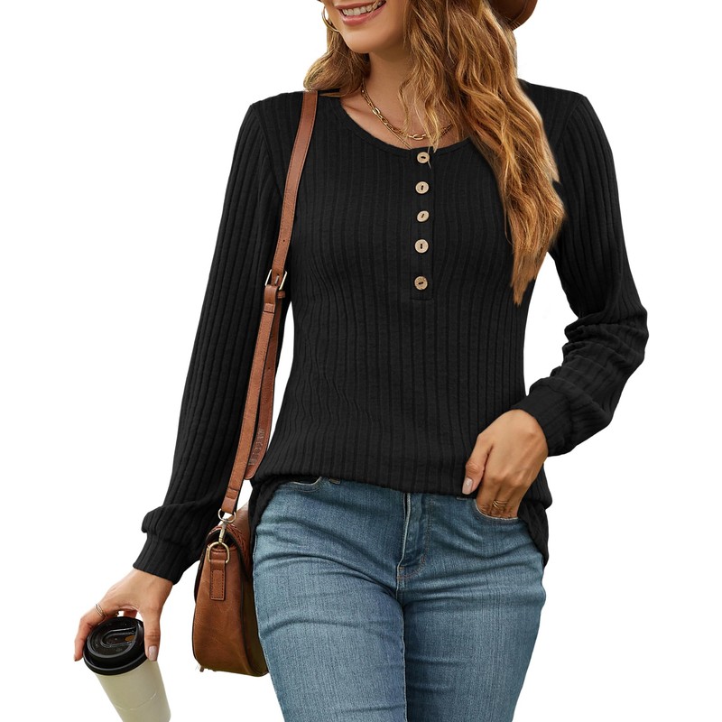 AUSELILY Lightweight Sweaters for Women Lantern Sleeve Henley Tshirt Fall