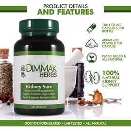 Dimmak Herbs Certified Organic Kidney Sure Health Supplement, Chinese Herb Kidney Blend Detoxifier + Regenerator for Health, Care + Protection – 100 caps 400mg
