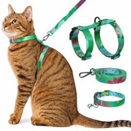 Cat Harness and Leash Set with Matching Collar – Escape Proof H-Style Harness for Cats, Adjustable & Lightweight, Tropical Hawaiian Leaf Print, Easy Wear for Outdoor Walking & Training