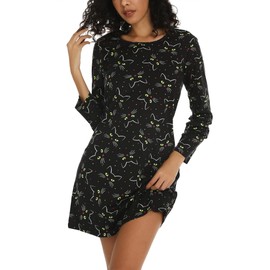 MIA LUCCE Women's Nightdress with Cute Prints, Long Nightdress with Crew Neck, black cat
