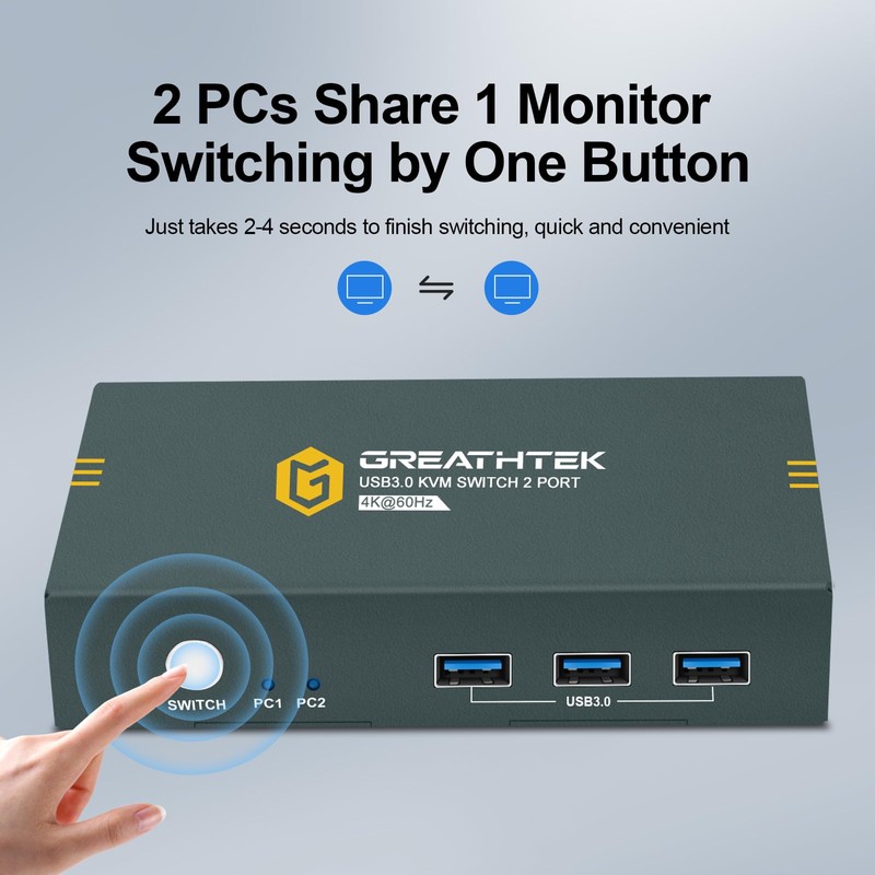 GREATHTEK USB 3.0 KVM Switch HDMI 4K@60Hz, 2 Port KVM